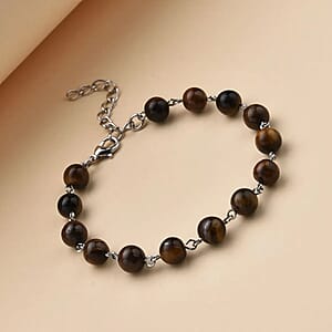 Yellow Tiger's Eye 48.00 ctw Beaded Anklet 8-11 Inches in Silvertone