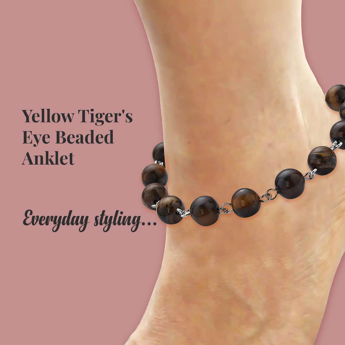Yellow Tiger's Eye Beaded Anklet 8-11 Inches in Silvertone 48.00 ctw image number 2