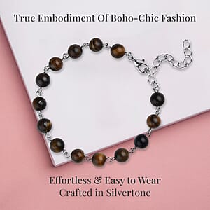 Yellow Tiger's Eye 48.00 ctw Beaded Anklet 8-11 Inches in Silvertone