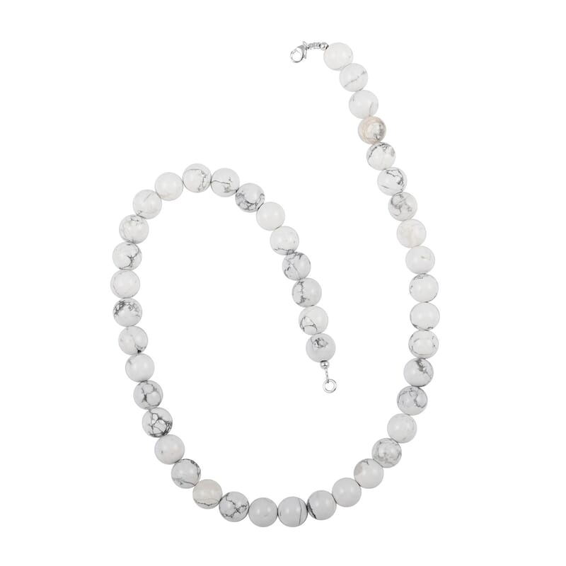 White Howlite 10mm Beaded Necklace 18 Inches in Sterling Silver 250.00 ctw