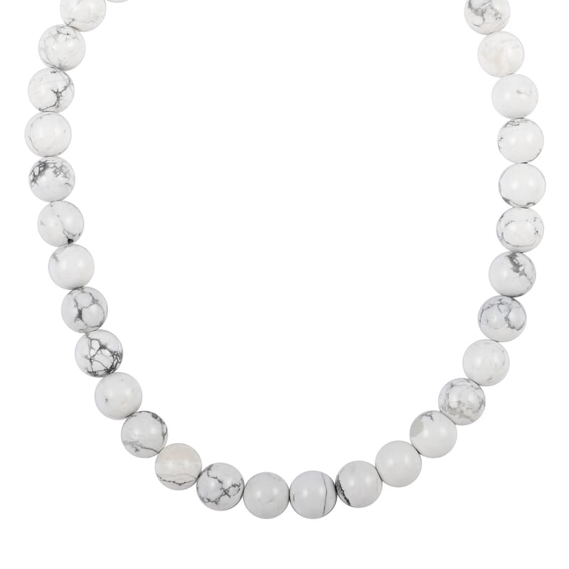 White Howlite 10mm Beaded Necklace 18 Inches in Sterling Silver 250.00 ctw