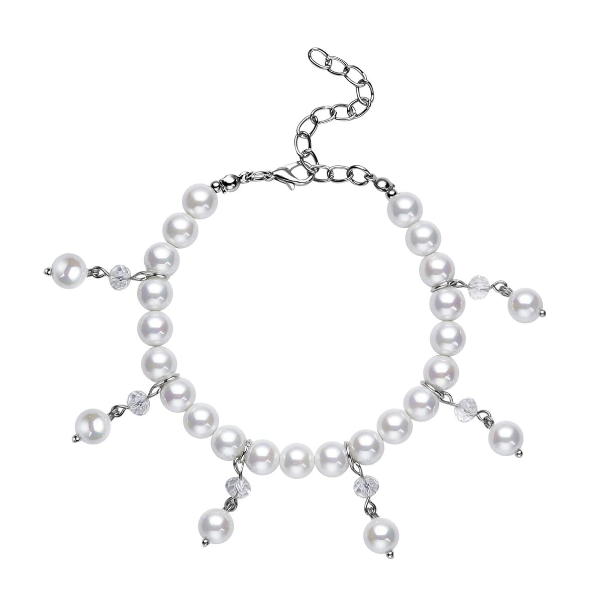 White Shell Pearl and White Glass Beaded Anklet or Bracelet 8-11 Inches in Silvertone image number 0