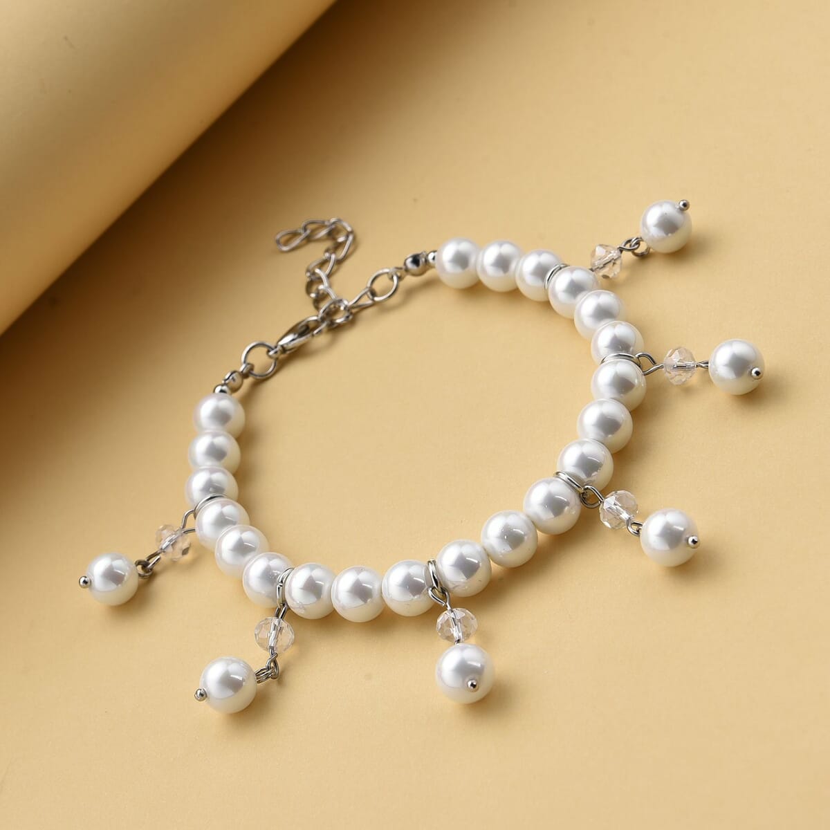 White Shell Pearl and White Glass Beaded Anklet or Bracelet 8-11 Inches in Silvertone image number 1