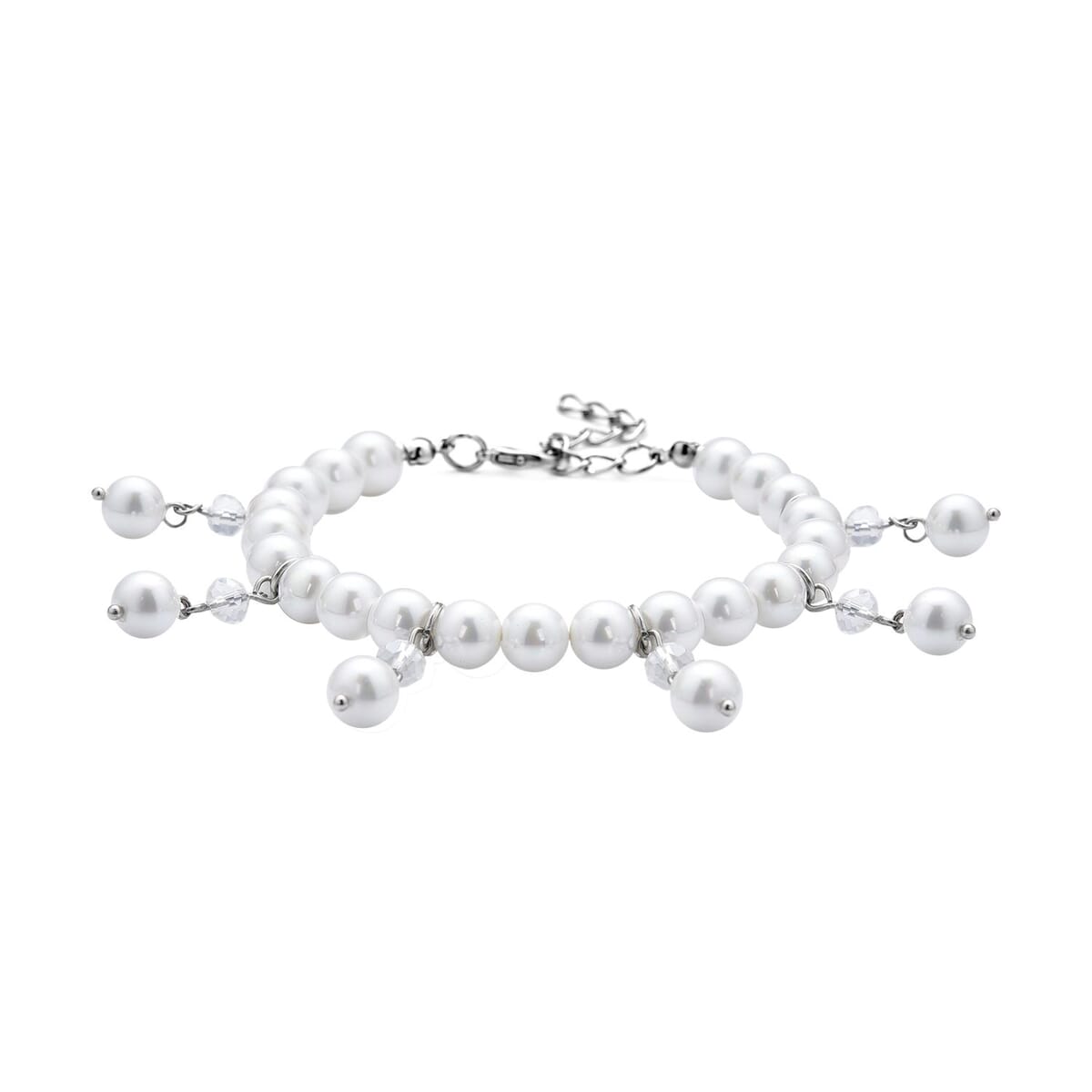 White Shell Pearl and White Glass Beaded Anklet or Bracelet 8-11 Inches in Silvertone image number 2