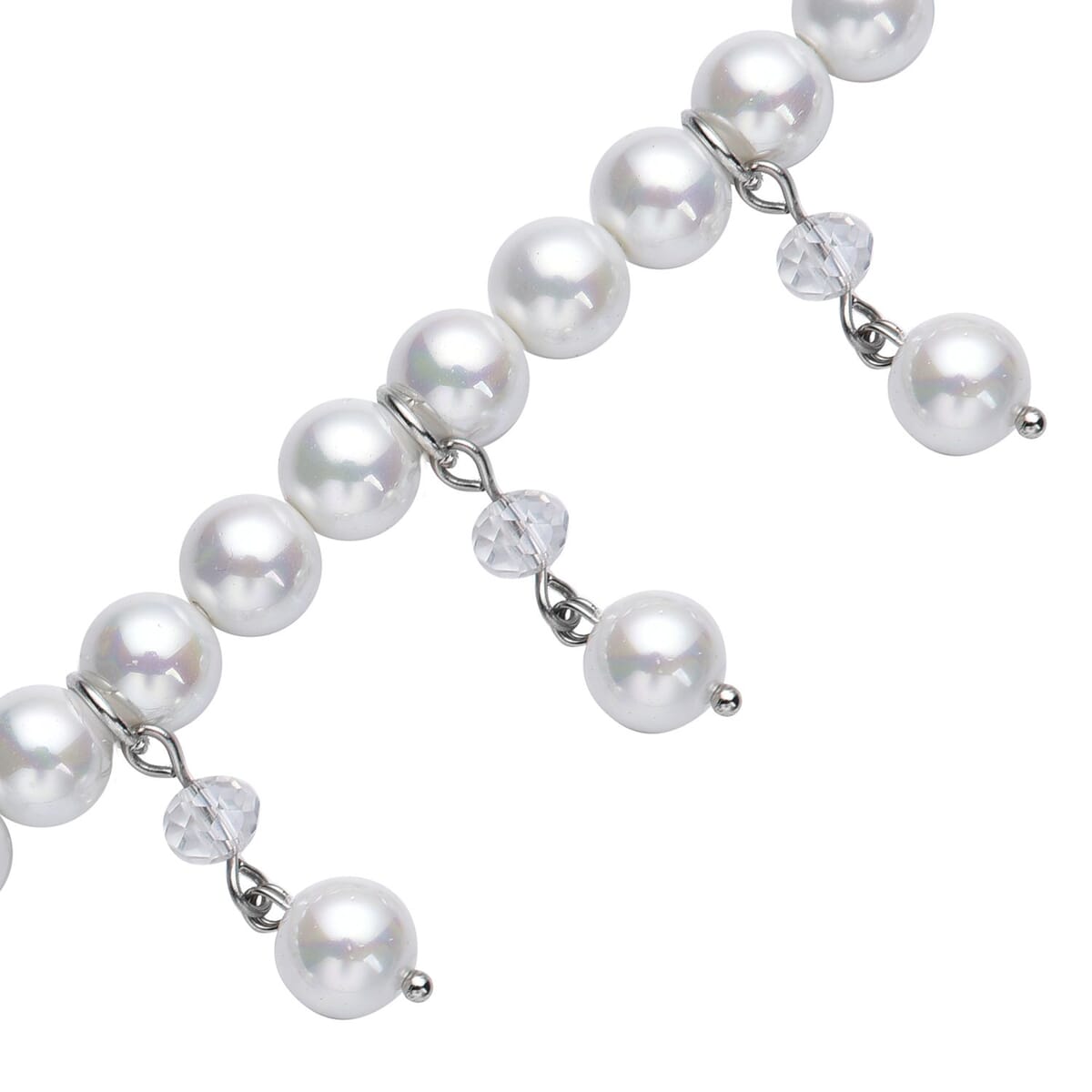 White Shell Pearl and White Glass Beaded Anklet or Bracelet 8-11 Inches in Silvertone image number 3