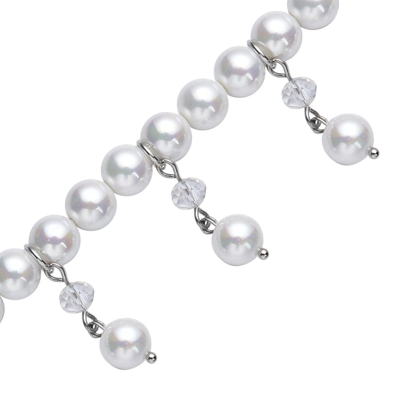 White Shell Pearl and White Glass Beaded Anklet or Bracelet 8-11 Inches in Silvertone