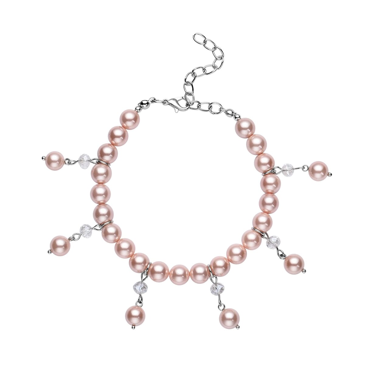 Peach Shell Pearl and White Glass Beaded Anklet or Bracelet 8-11 Inches in Silvertone image number 0