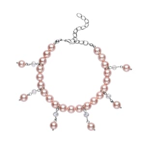 Peach Shell Pearl and White Glass Beaded Anklet or Bracelet 8-11 Inches in Silvertone