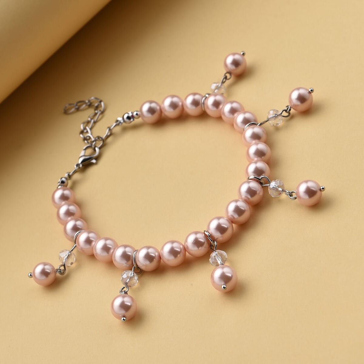 Peach Shell Pearl and White Glass Beaded Anklet or Bracelet 8-11 Inches in Silvertone image number 1