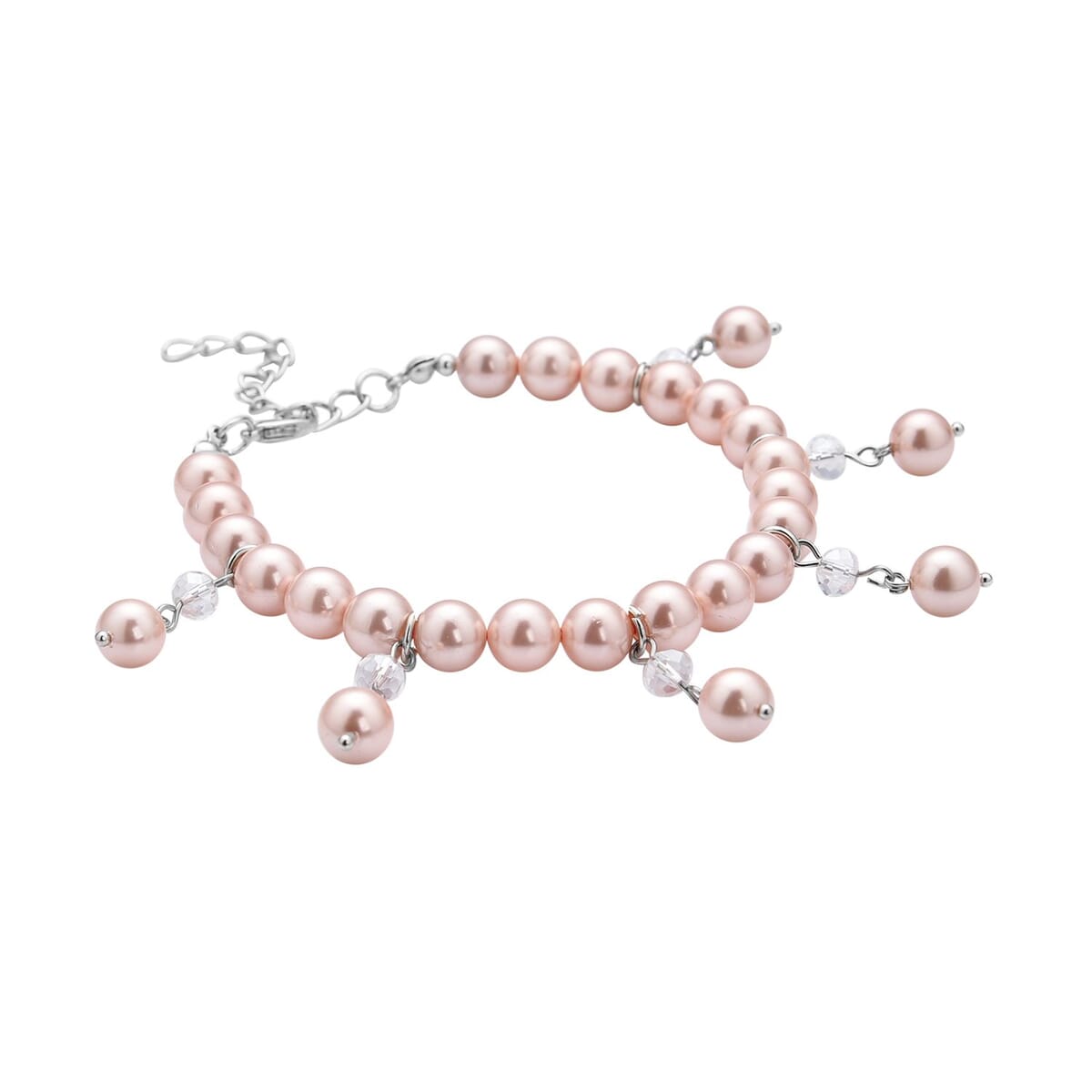 Peach Shell Pearl and White Glass Beaded Anklet or Bracelet 8-11 Inches in Silvertone image number 2