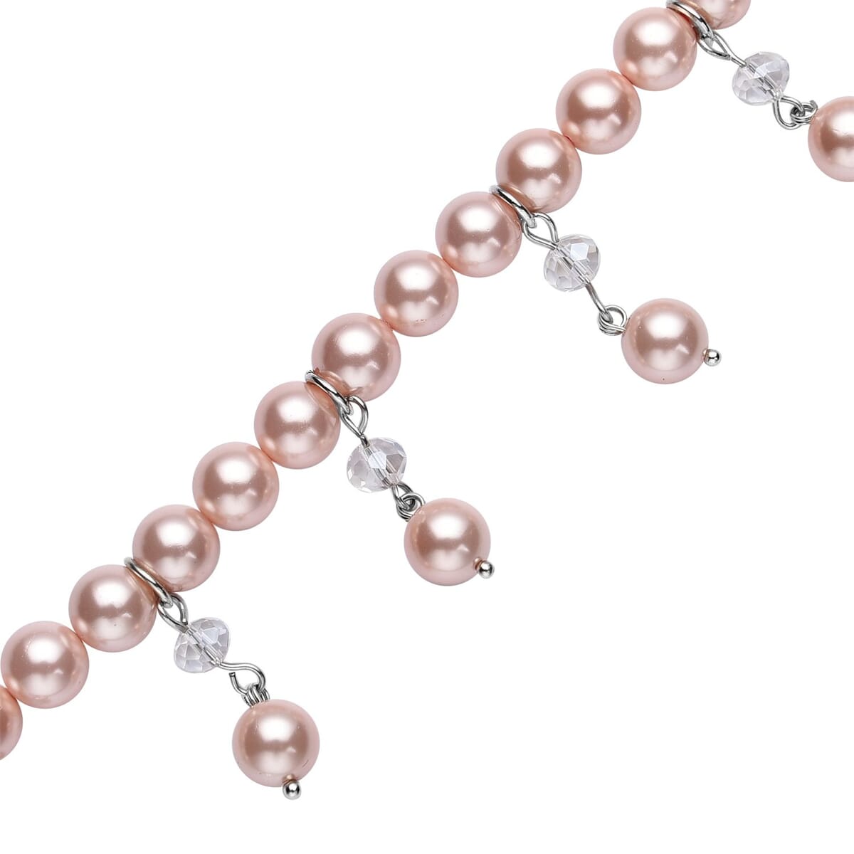 Peach Shell Pearl and White Glass Beaded Anklet or Bracelet 8-11 Inches in Silvertone image number 3