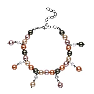 Multi Color Shell Pearl and White Glass Beaded Anklet or Bracelet 8-11 Inches in Silvertone