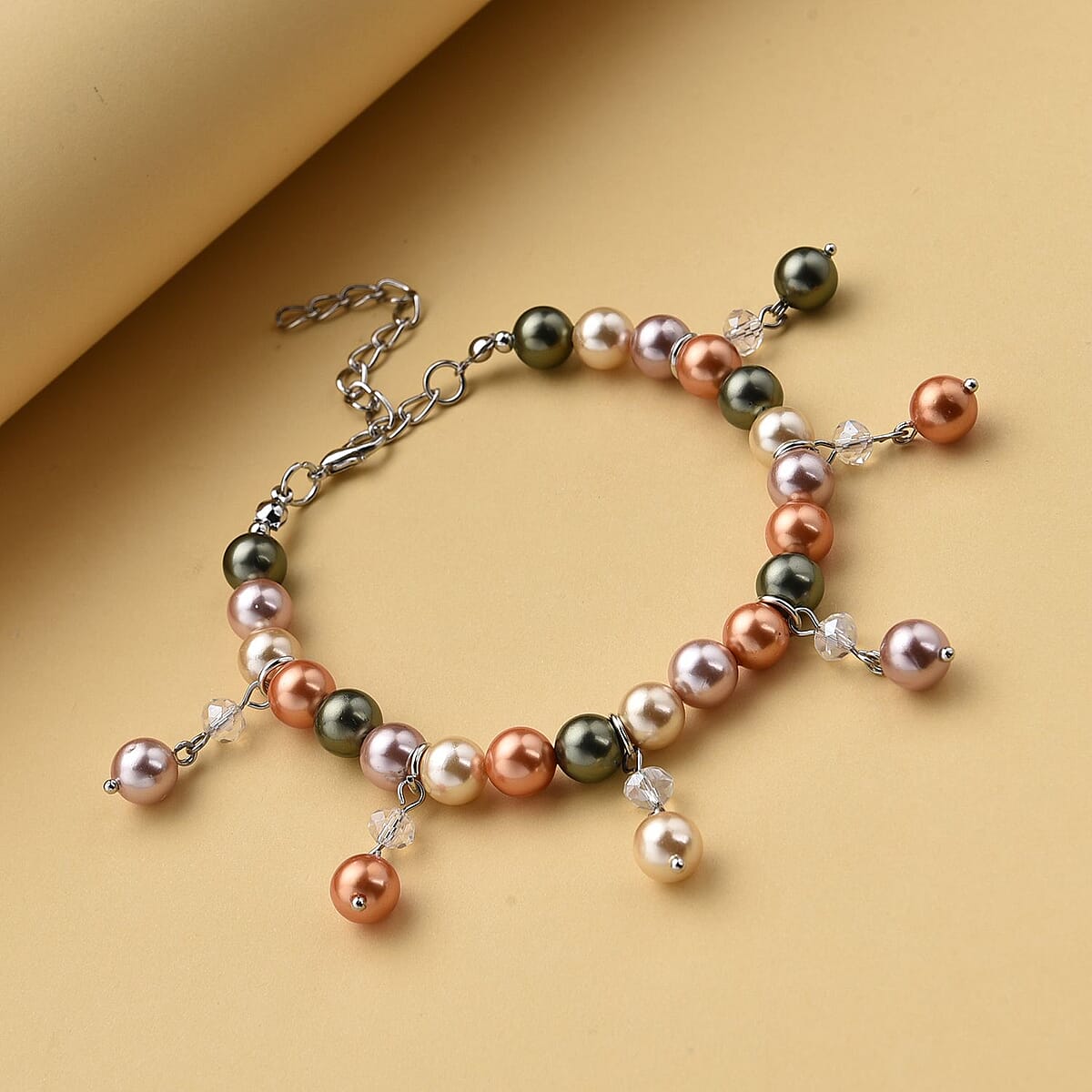 Multi Color Shell Pearl and White Glass Beaded Anklet or Bracelet 8-11 Inches in Silvertone image number 1