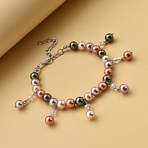Multi Color Shell Pearl and White Glass Beaded Anklet or Bracelet 8-11 Inches in Silvertone