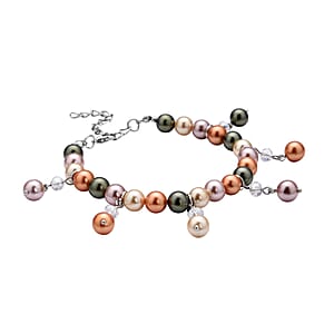 Multi Color Shell Pearl and White Glass Beaded Anklet or Bracelet 8-11 Inches in Silvertone