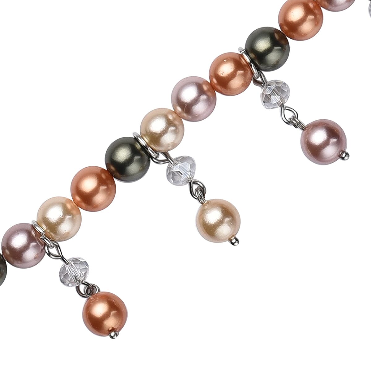 Multi Color Shell Pearl and White Glass Beaded Anklet or Bracelet 8-11 Inches in Silvertone image number 3