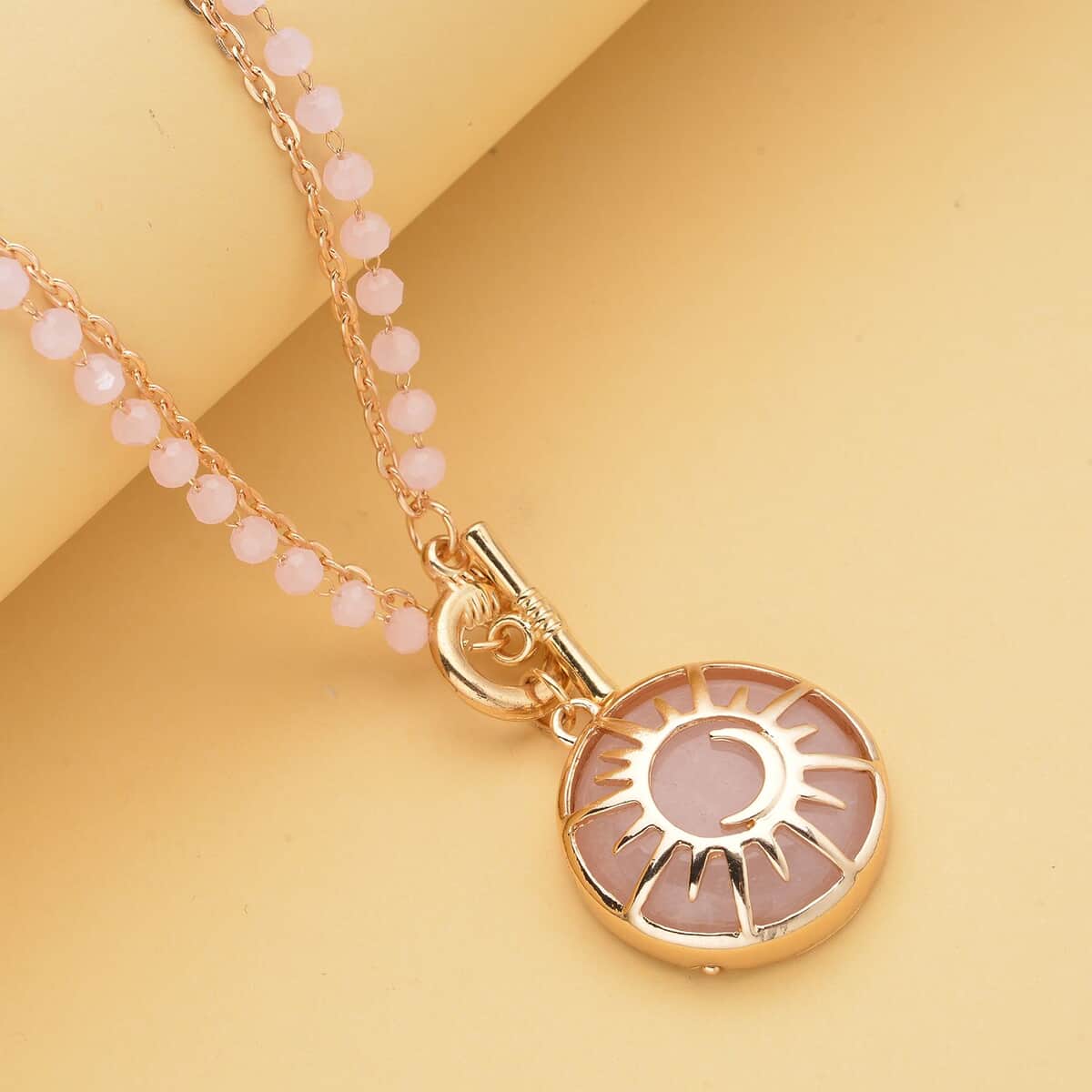 Galilea Rose Quartz Pendant with Pink Glass Beaded Necklace 20 Inches in Goldtone 55.00 ctw image number 1