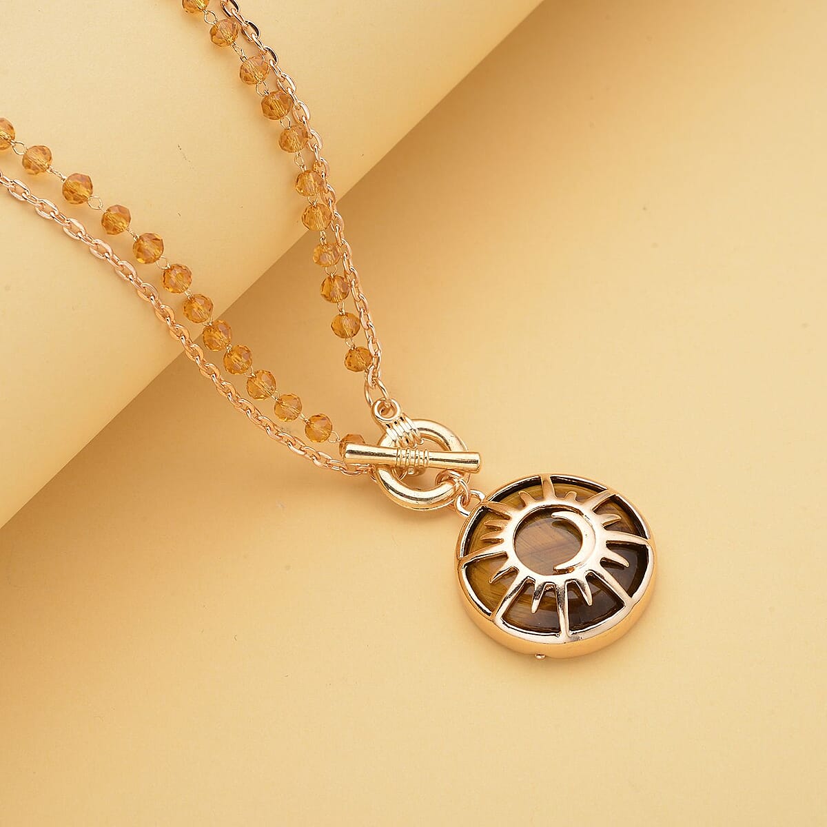 Yellow Tiger's Eye Pendant with Champagne Glass Beaded Necklace 20 Inches in Goldtone 55.00 ctw image number 1