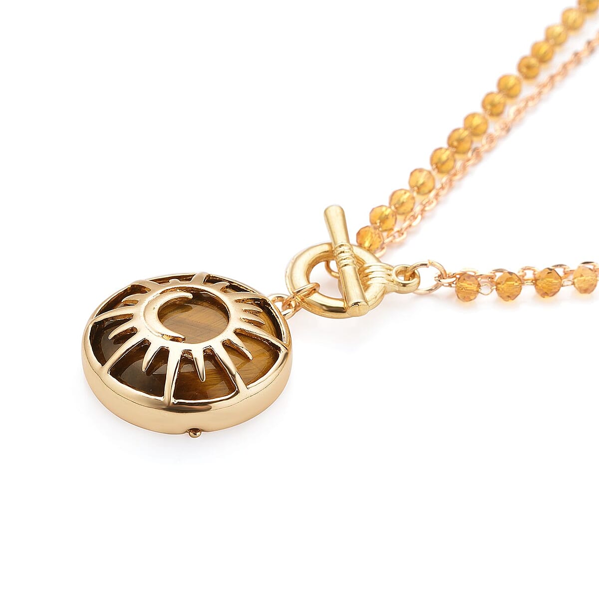 Yellow Tiger's Eye Pendant with Champagne Glass Beaded Necklace 20 Inches in Goldtone 55.00 ctw image number 2