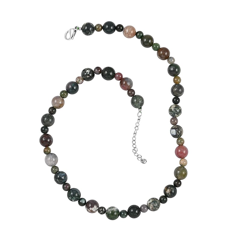 Multi Jasper Beaded Necklace (18-20 Inches) in Rhodium Over Stainless Steel 168.00 ctw | Tarnish-Free, Waterproof, Sweat Proof Jewelry