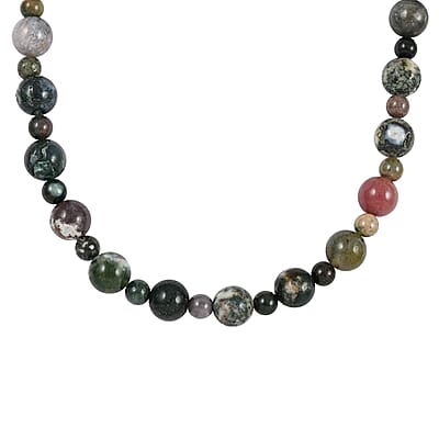 Multi Jasper Beaded Necklace (18-20 Inches) in Rhodium Over Stainless Steel 168.00 ctw | Tarnish-Free, Waterproof, Sweat Proof Jewelry