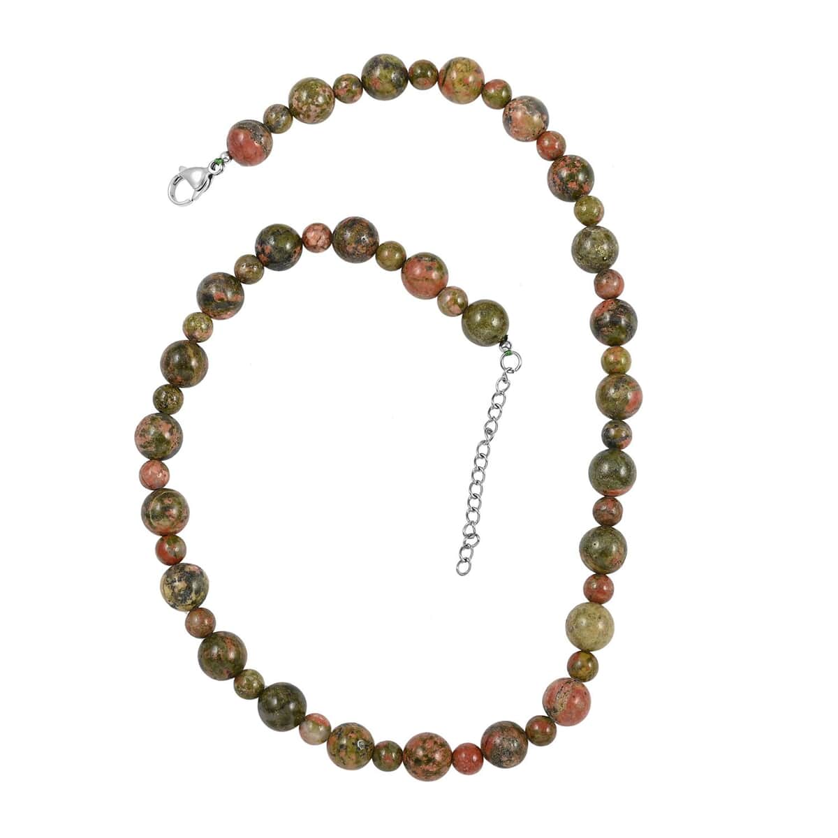 Unakite 168.00 ctw Beaded Necklace in Rhodium Over Stainless Steel 18-20 Inches | Tarnish-Free, Waterproof, Sweat Proof Jewelry image number 0