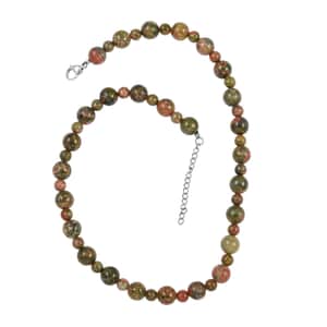Unakite Beaded Necklace (18-20 Inches) in Rhodium Over Stainless Steel 168.00 ctw | Tarnish-Free, Waterproof, Sweat Proof Jewelry