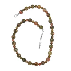 Unakite 168.00 ctw Beaded Necklace in Rhodium Over Stainless Steel 18-20 Inches | Tarnish-Free, Waterproof, Sweat Proof Jewelry