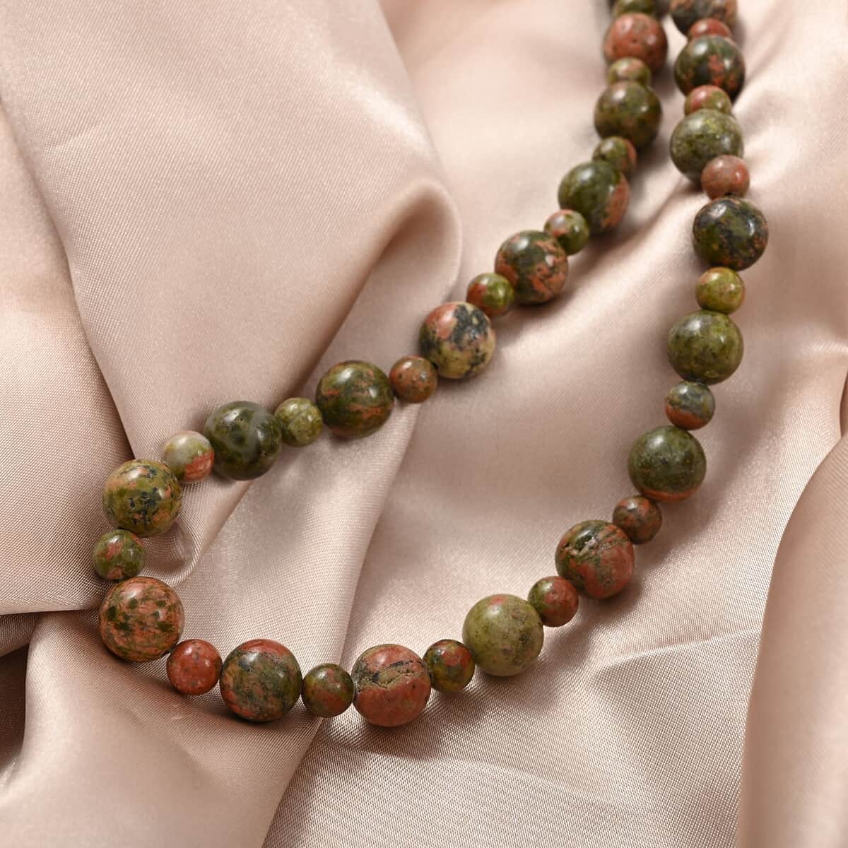 Unakite 168.00 ctw Beaded Necklace in Rhodium Over Stainless Steel 18-20 Inches | Tarnish-Free, Waterproof, Sweat Proof Jewelry image number 1