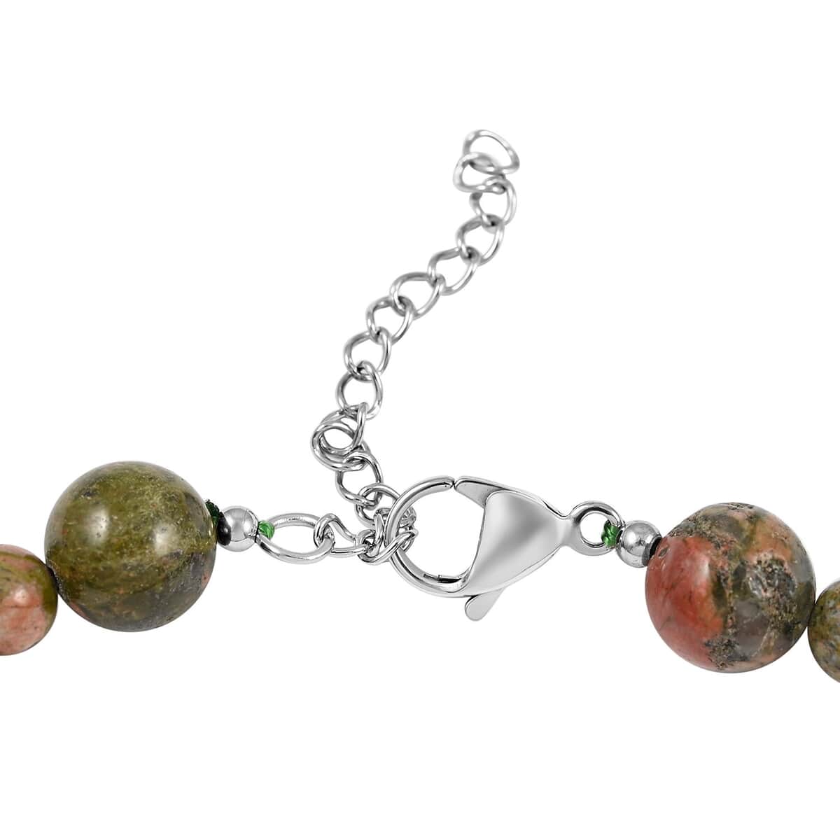 Unakite 168.00 ctw Beaded Necklace in Rhodium Over Stainless Steel 18-20 Inches | Tarnish-Free, Waterproof, Sweat Proof Jewelry image number 3