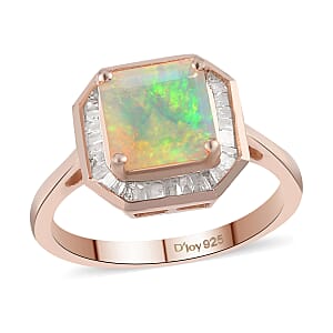 Asscher Cut Premium Ethiopian Welo Opal and Diamond Ring in Vermeil Rose Gold Over Sterling Silver (Size 7.0) 1.65 ctw