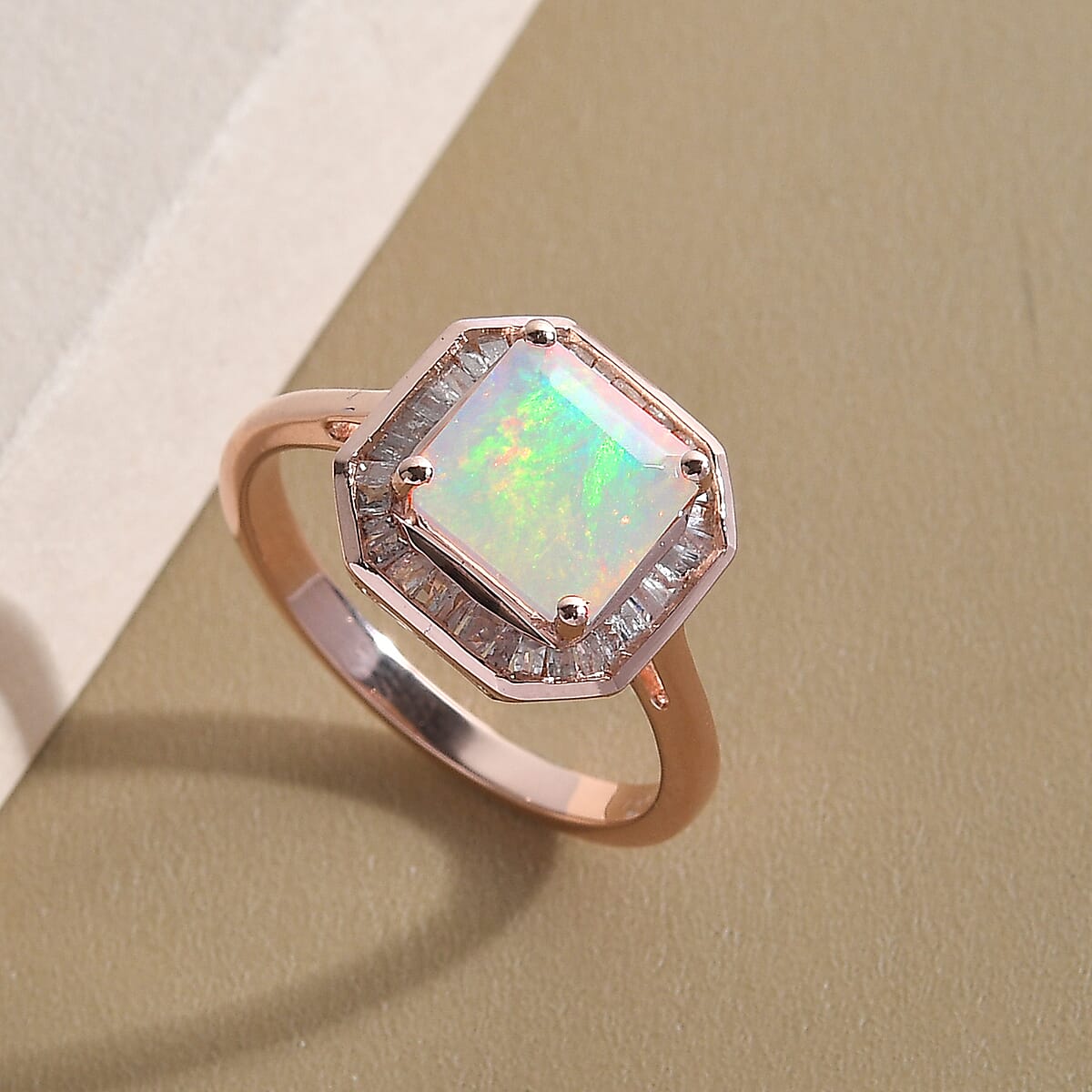 Asscher Cut Premium Ethiopian Welo Opal and Diamond Ring in Vermeil Rose Gold Over Sterling Silver (Size 7.0) 1.65 ctw image number 1