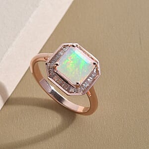 Asscher Cut Premium Ethiopian Welo Opal and Diamond Ring in Vermeil Rose Gold Over Sterling Silver (Size 7.0) 1.65 ctw