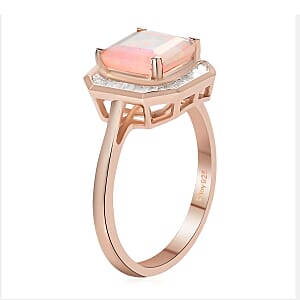 Asscher Cut Premium Ethiopian Welo Opal and Diamond Ring in Vermeil Rose Gold Over Sterling Silver (Size 7.0) 1.65 ctw