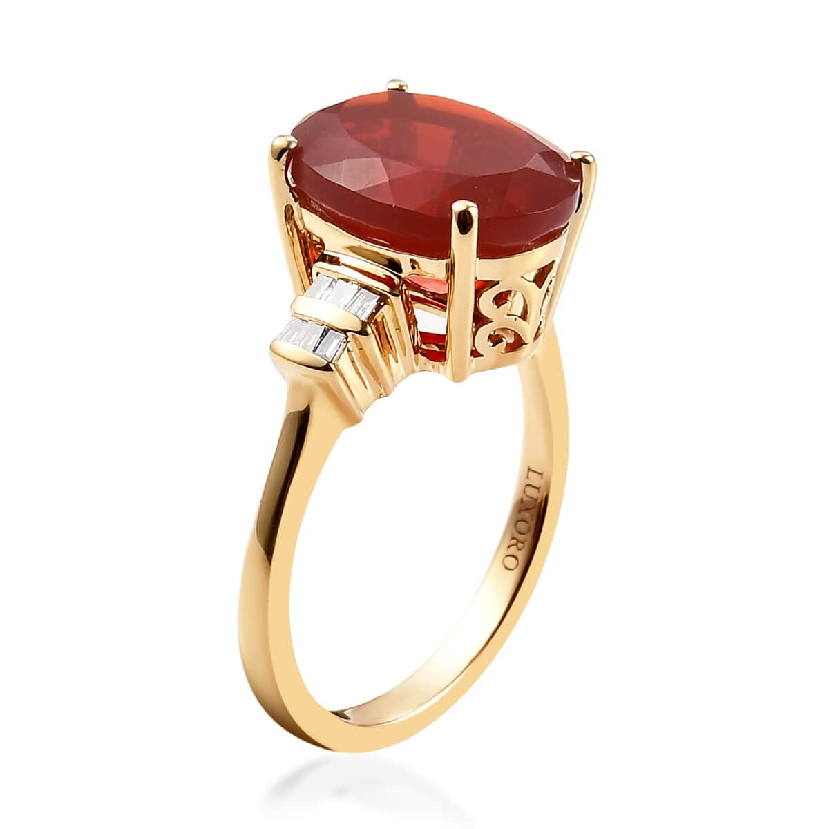 LUXORO 14K Yellow Gold Premium Crimson Fire Opal and G-H I1-I2 Diamond Ring (Size 6.0) 3.60 Grams 3.60 ctw image number 3