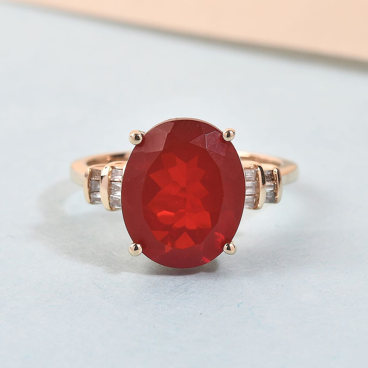 Luxoro 14K Yellow Gold Premium Crimson Fire Opal and G-H I1-I2 Diamond Ring (Size 7.0) 3.60 Grams 3.60 ctw image number 1