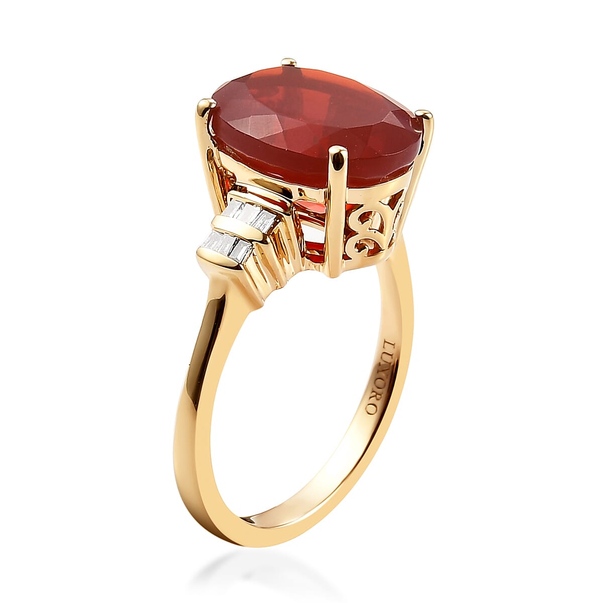 Luxoro 14K Yellow Gold Premium Crimson Fire Opal and G-H I1-I2 Diamond Ring (Size 7.0) 3.60 Grams 3.60 ctw image number 3