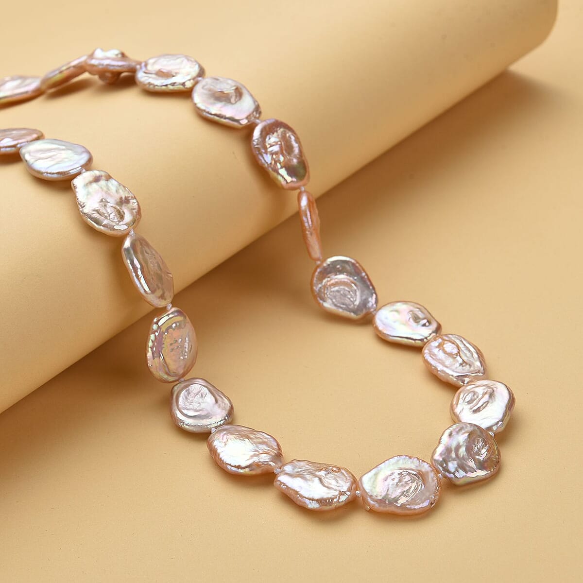Peach Organic Shape Keshi Pearl Necklace 20 Inches in Rhodium Over Sterling Silver image number 1