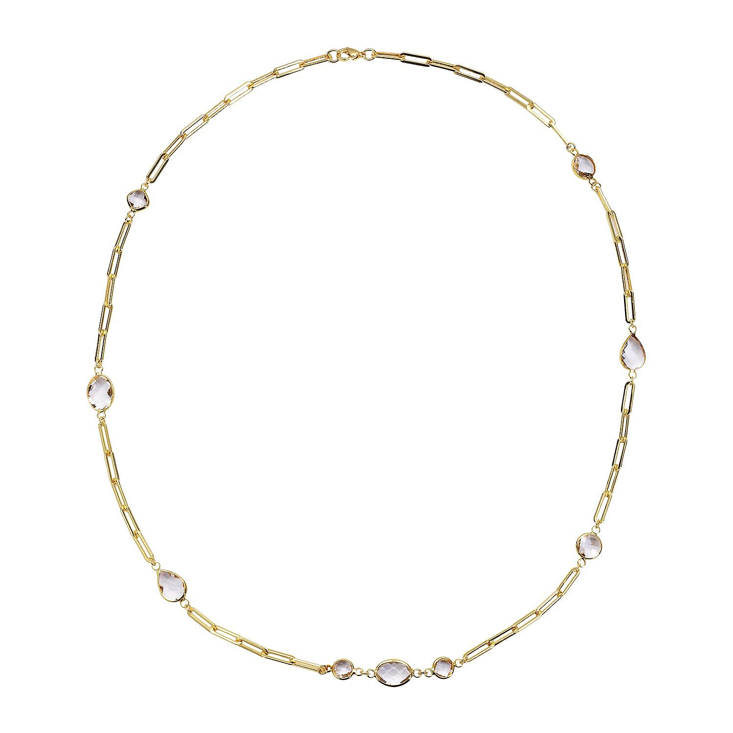 Simulated White Topaz Paper Clip Chain Station Necklace (28 Inches) in ION Plated YG Stainless Steel , Tarnish-Free, Waterproof, Sweat Proof Jewelry