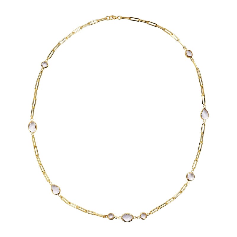 Simulated White Topaz Paper Clip Chain Station Necklace (28 Inches) in ION Plated YG Stainless Steel , Tarnish-Free, Waterproof, Sweat Proof Jewelry