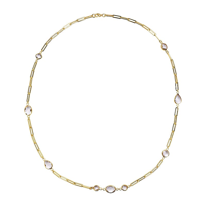 Simulated White Topaz Paper Clip Chain Station Necklace (28 Inches) in ION Plated YG Stainless Steel , Tarnish-Free, Waterproof, Sweat Proof Jewelry