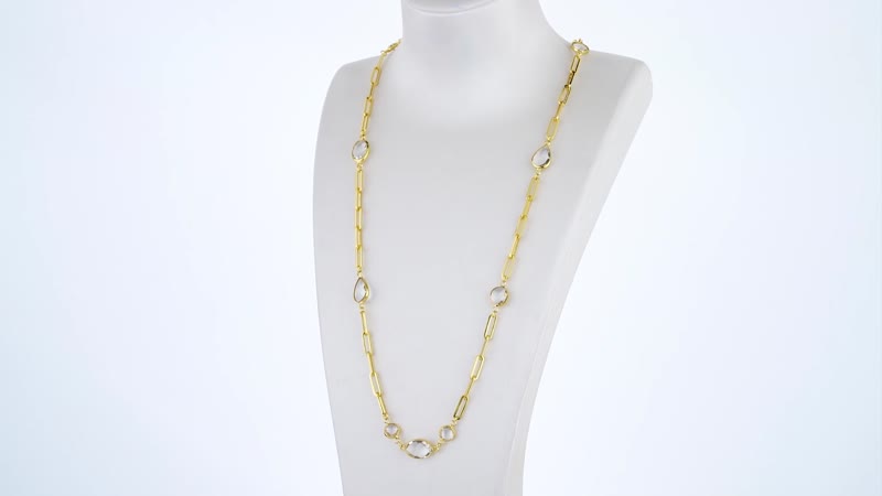 Simulated White Topaz Paper Clip Chain Station Necklace 28 Inches in ION Plated Yellow Gold Stainless Steel