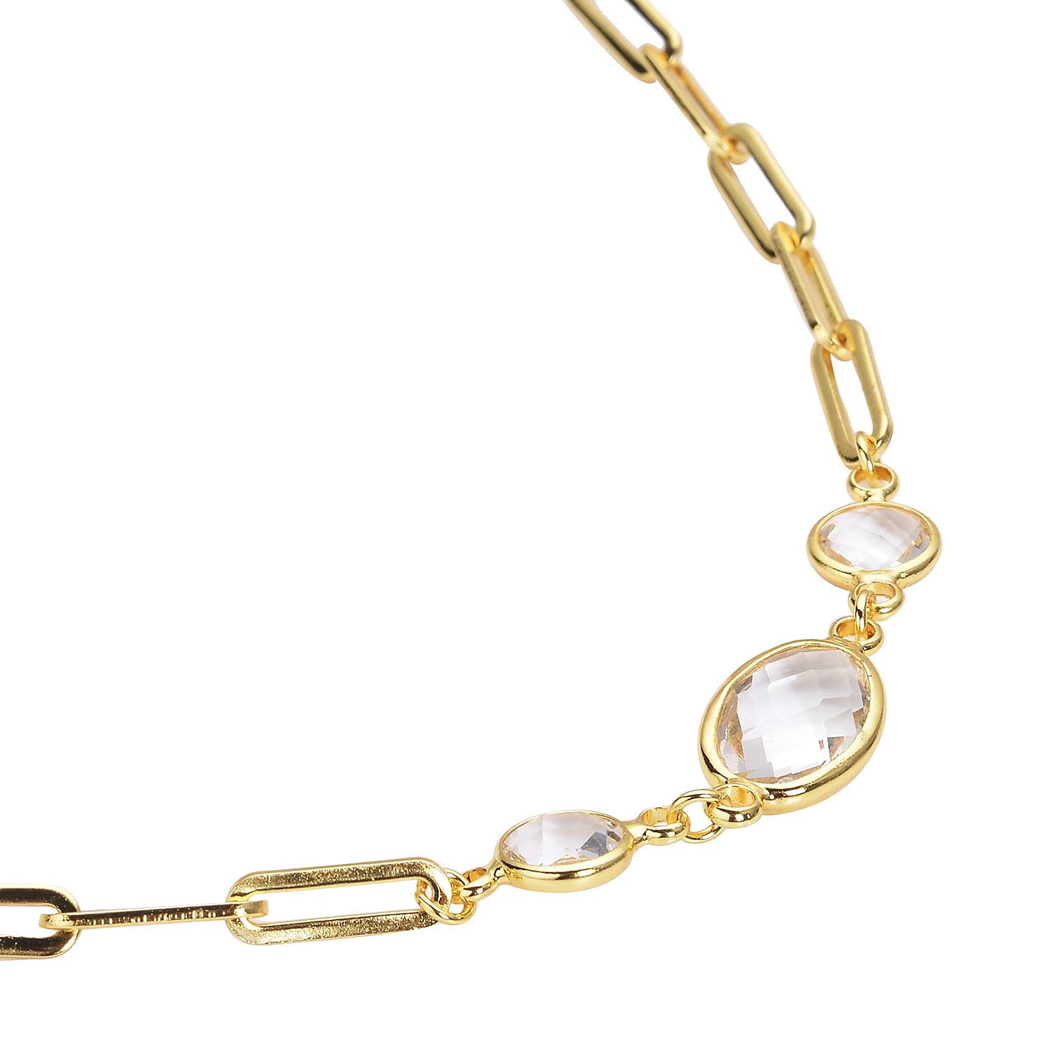 Simulated White Topaz Paper Clip Chain Station Necklace (28 Inches) in ION Plated YG Stainless Steel , Tarnish-Free, Waterproof, Sweat Proof Jewelry