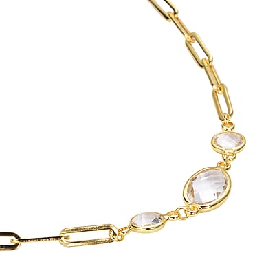 Simulated White Topaz Paper Clip Chain Station Necklace (28 Inches) in ION Plated YG Stainless Steel , Tarnish-Free, Waterproof, Sweat Proof Jewelry