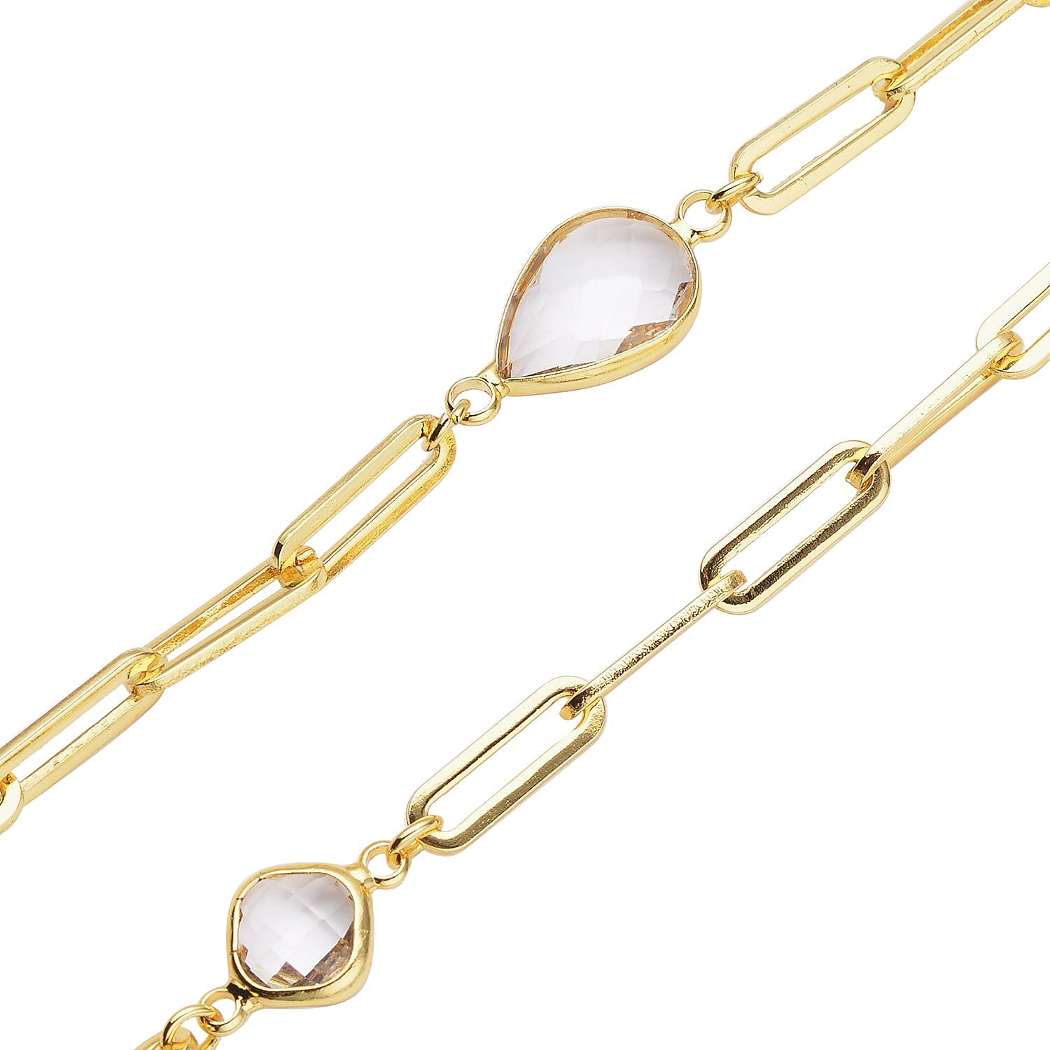 Simulated White Topaz Paper Clip Chain Station Necklace (28 Inches) in ION Plated YG Stainless Steel , Tarnish-Free, Waterproof, Sweat Proof Jewelry