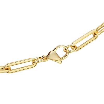 Simulated White Topaz Paper Clip Chain Station Necklace (28 Inches) in ION Plated YG Stainless Steel , Tarnish-Free, Waterproof, Sweat Proof Jewelry