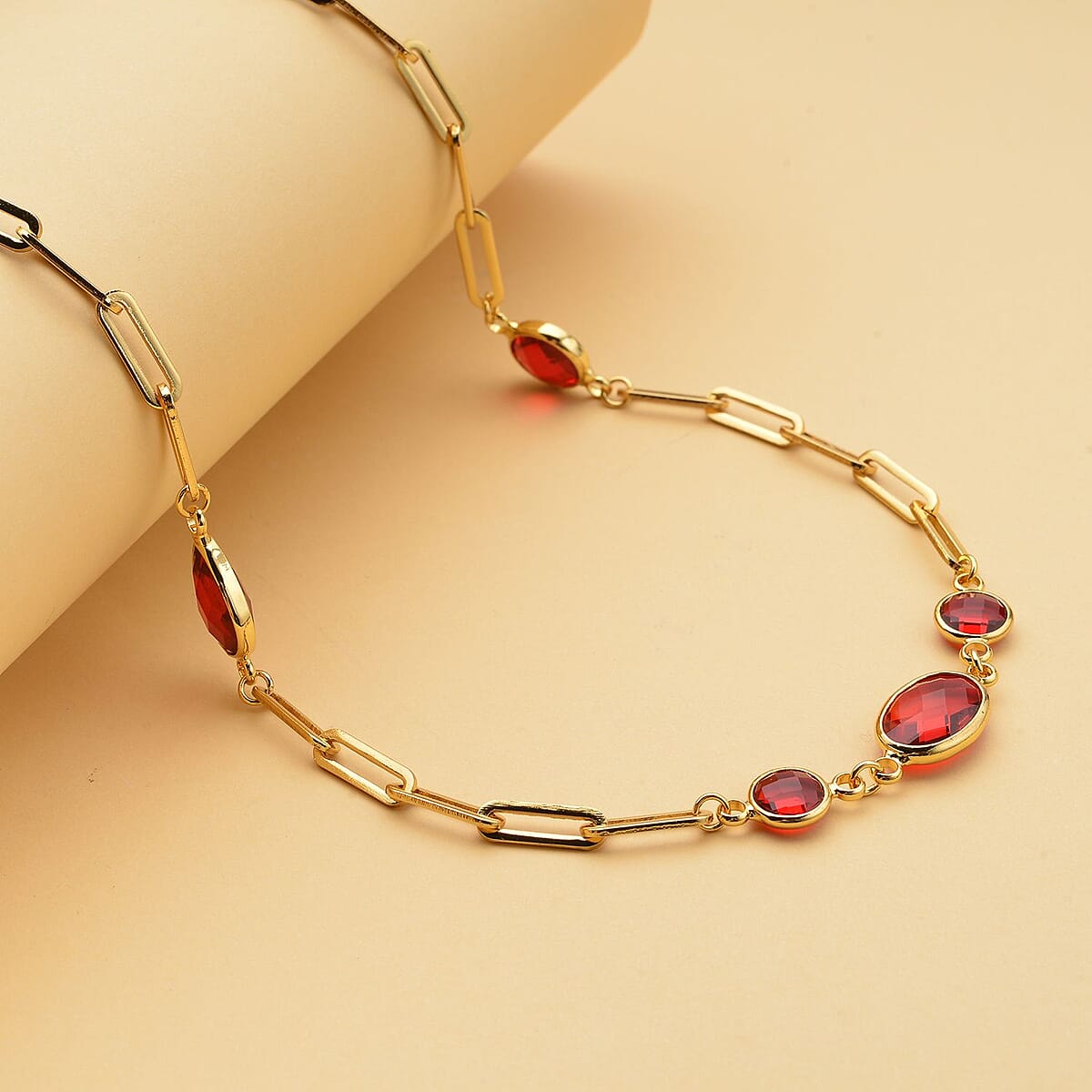 Simulated Ruby Paper Clip Chain Station Necklace 28 Inches in ION Plated Yellow Gold Stainless Steel image number 1