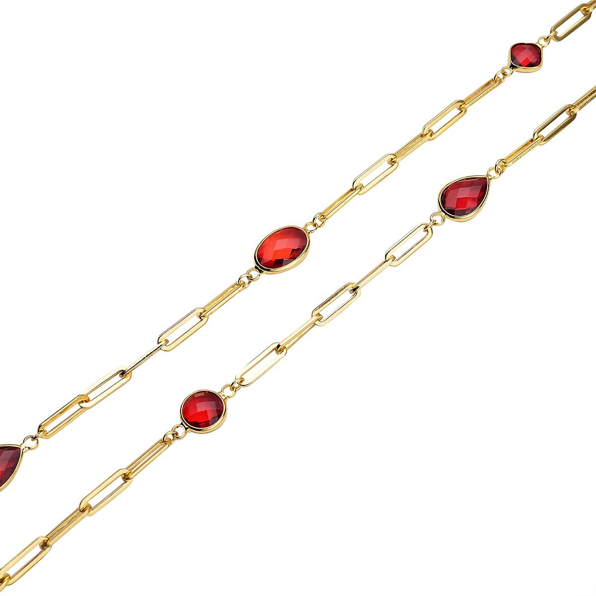 Simulated Ruby Paper Clip Chain Station Necklace 28 Inches in ION Plated Yellow Gold Stainless Steel image number 3
