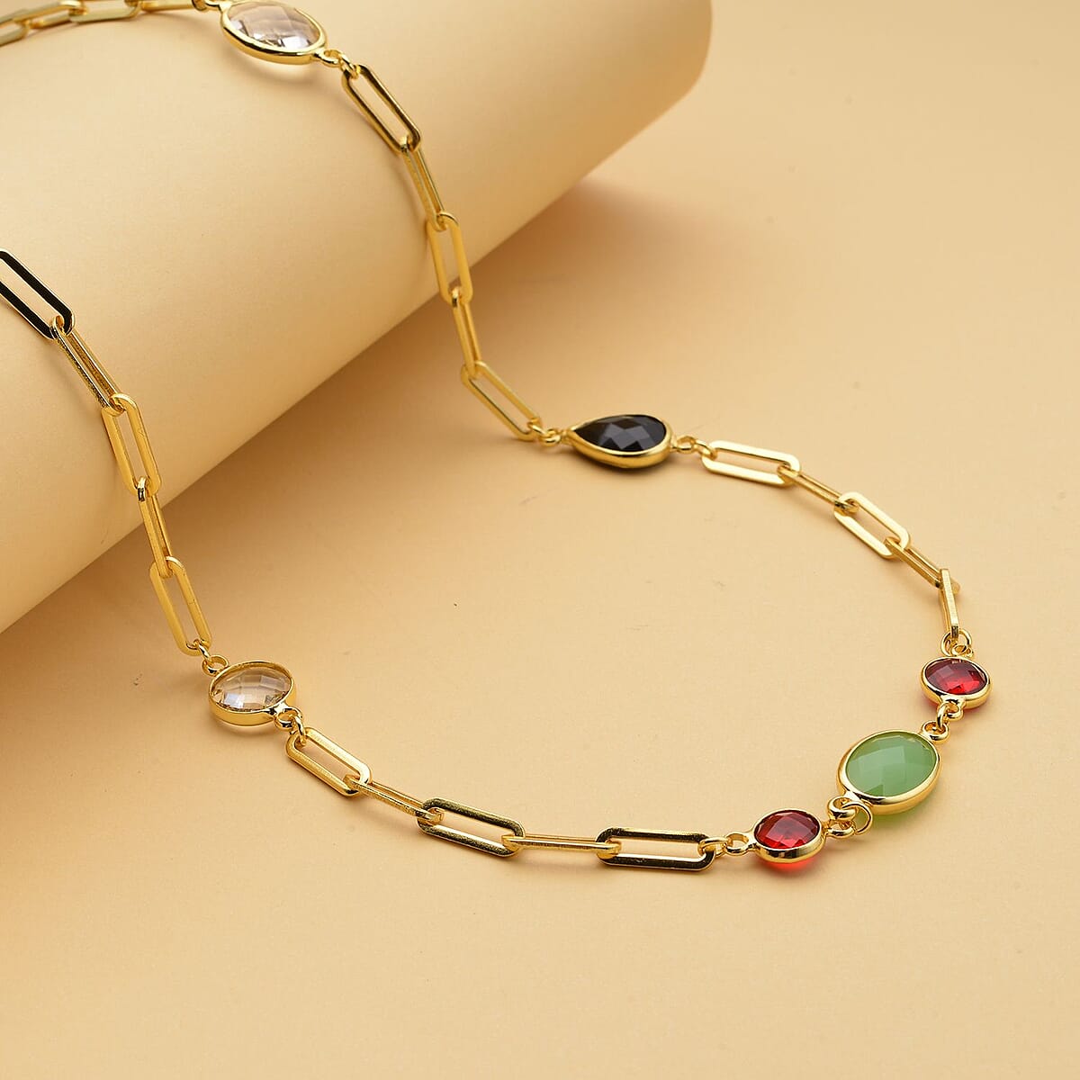 Simulated Multi Gemstone Paper Clip Chain Station Necklace (28 Inches) in ION Plated YG Stainless Steel , Tarnish-Free, Waterproof, Sweat Proof Jewelry image number 1