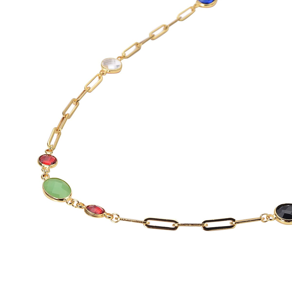 Simulated Multi Gemstone Paper Clip Chain Station Necklace (28 Inches) in ION Plated YG Stainless Steel , Tarnish-Free, Waterproof, Sweat Proof Jewelry image number 2